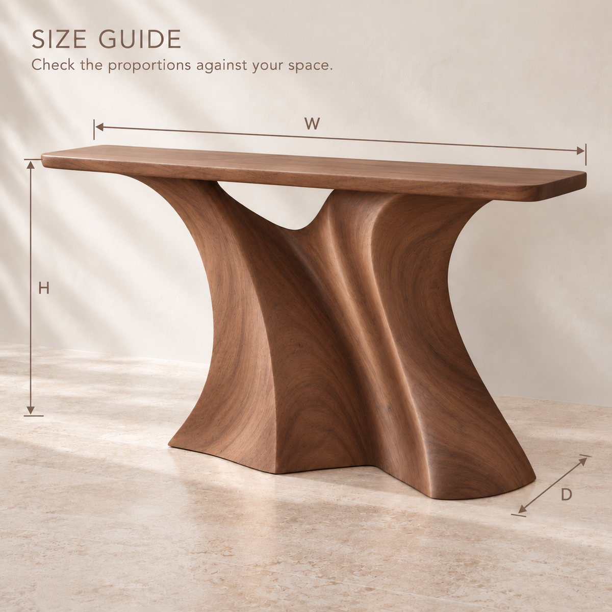 Theron Sculptural Solid Wood Console Table - Design 670 - size guide