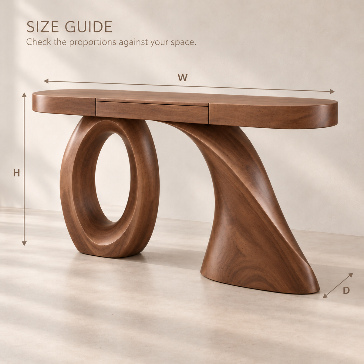 Lucienne Sculptural Solid Wood Console Table - Design 671 - size guide