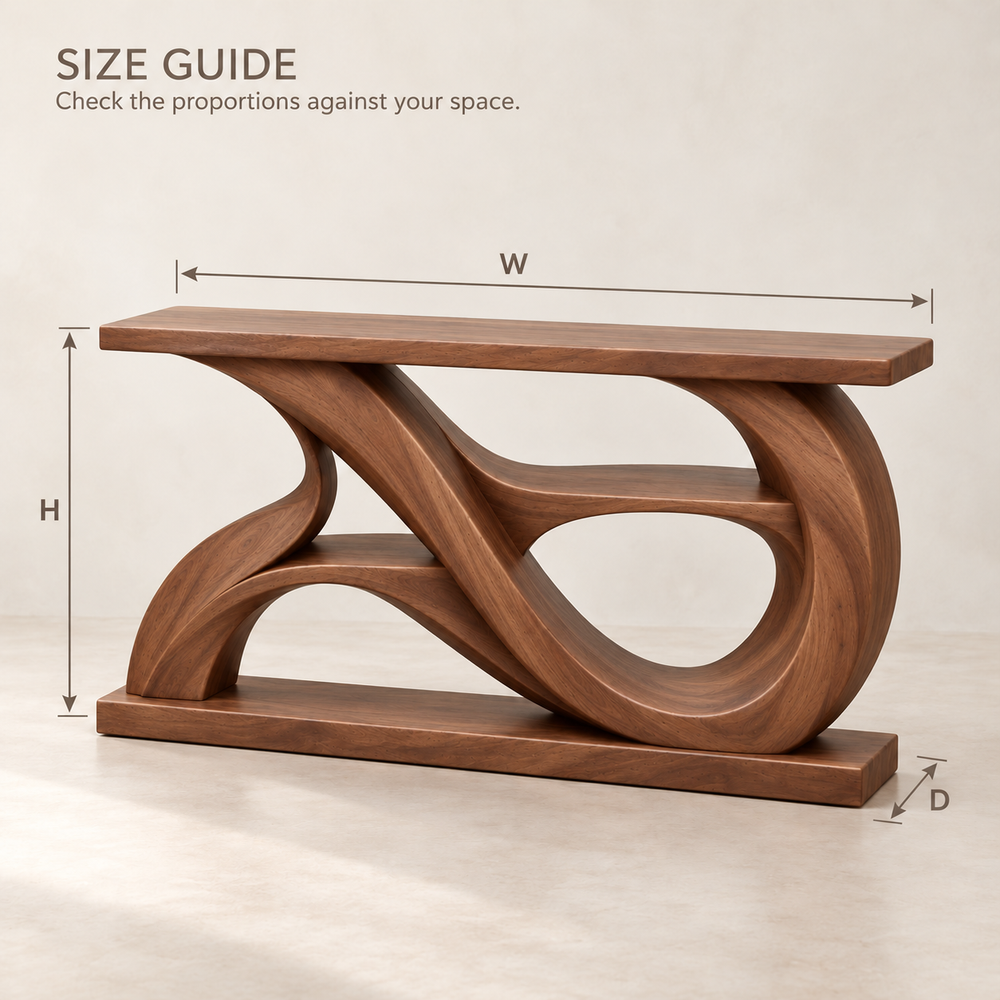 Alora Sculptural Solid Wood Console Table - Design 672 - size guide