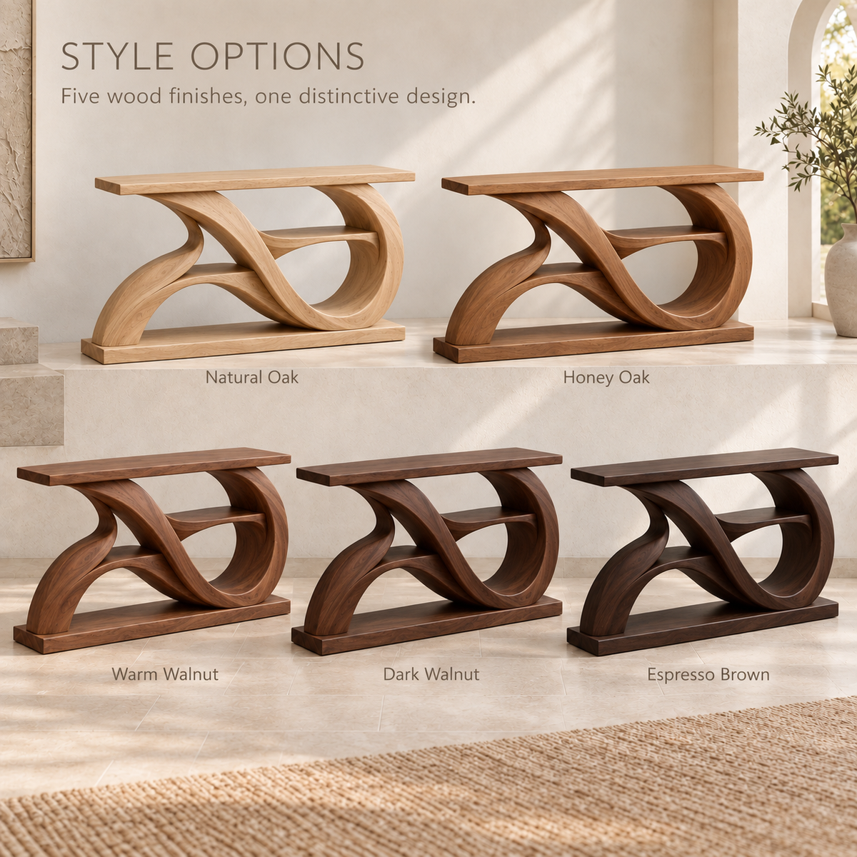 Alora Sculptural Solid Wood Console Table - Design 672 - wood finish options