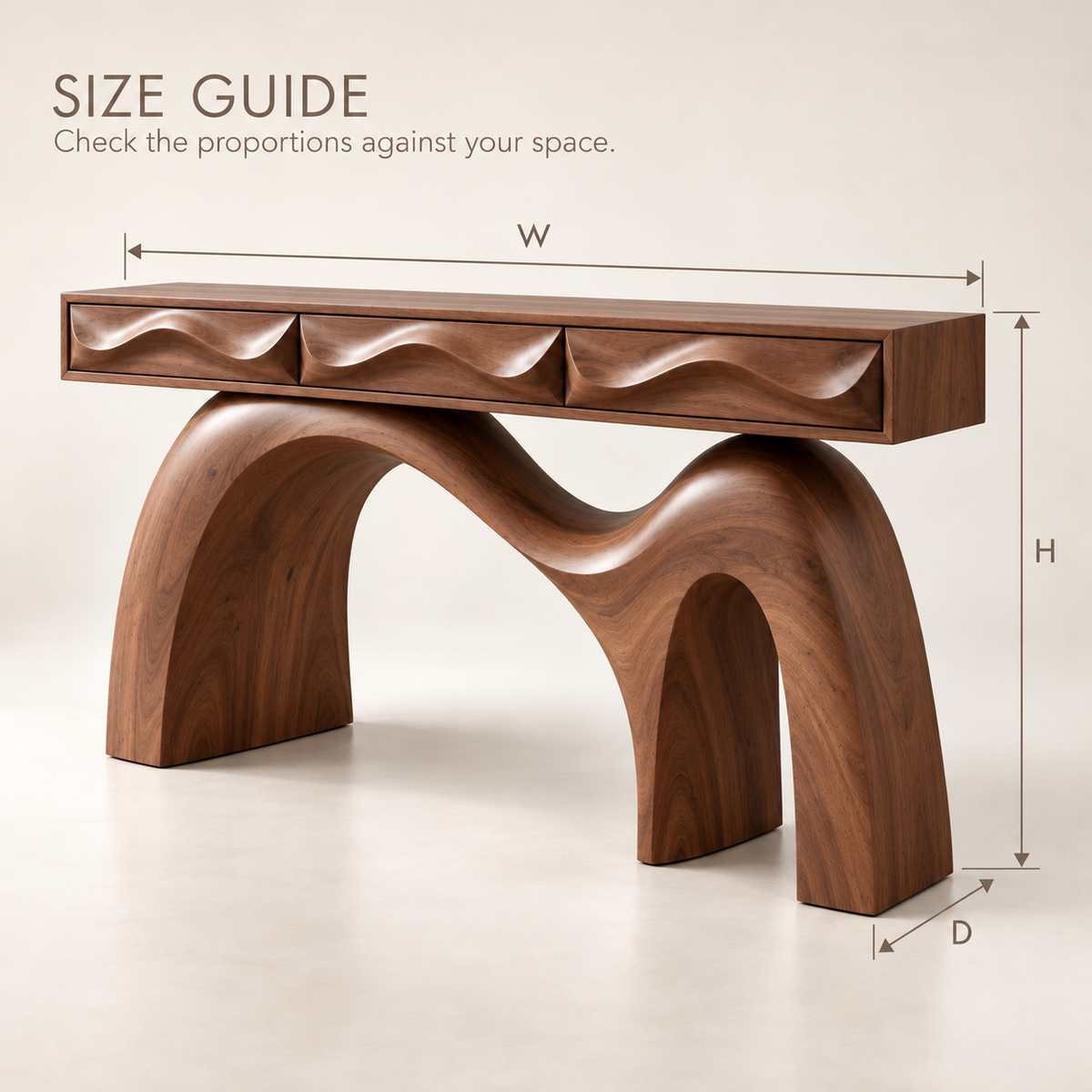 Renley Sculptural Solid Wood Console Table - Design 673 - size guide