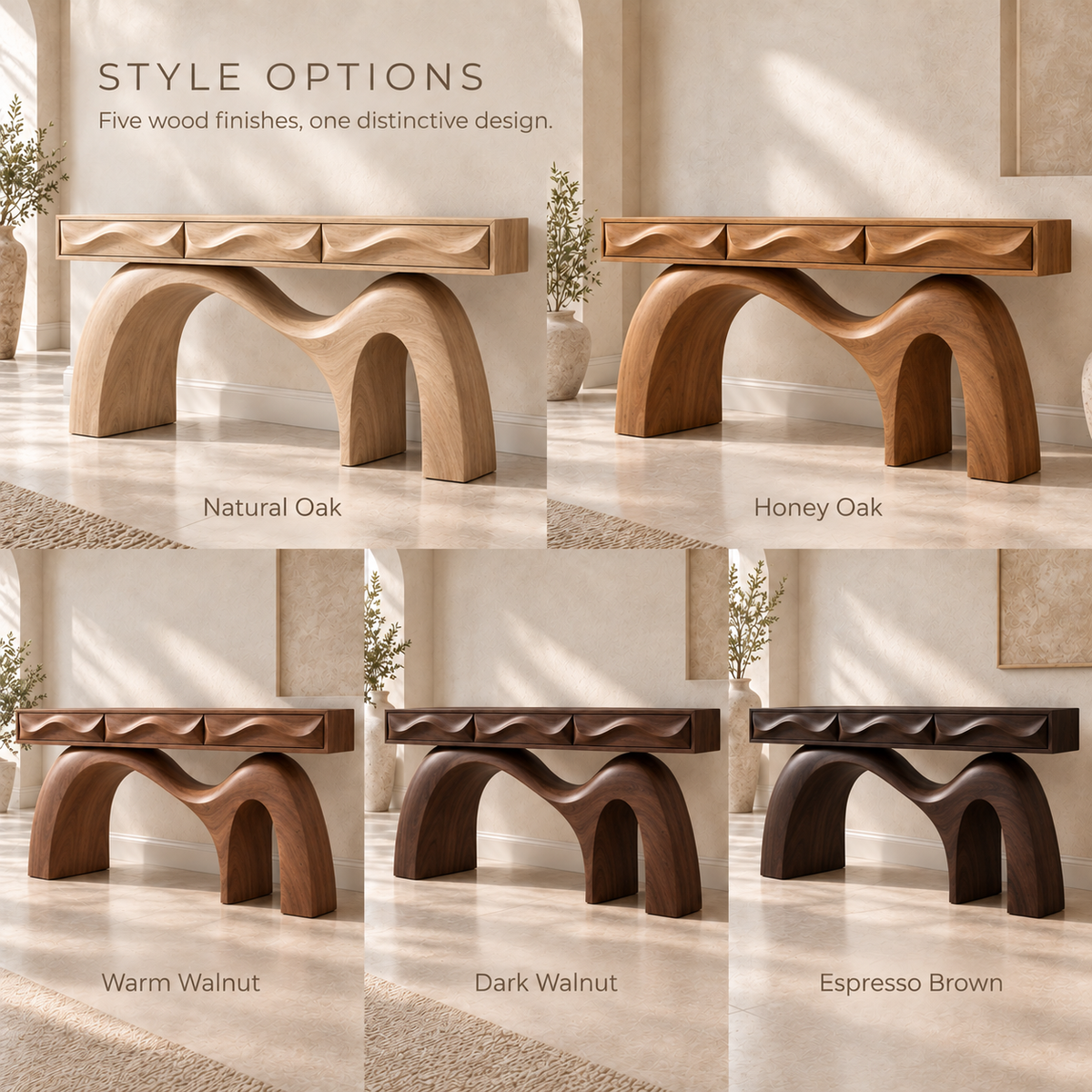 Renley Sculptural Solid Wood Console Table - Design 673 - wood finish options