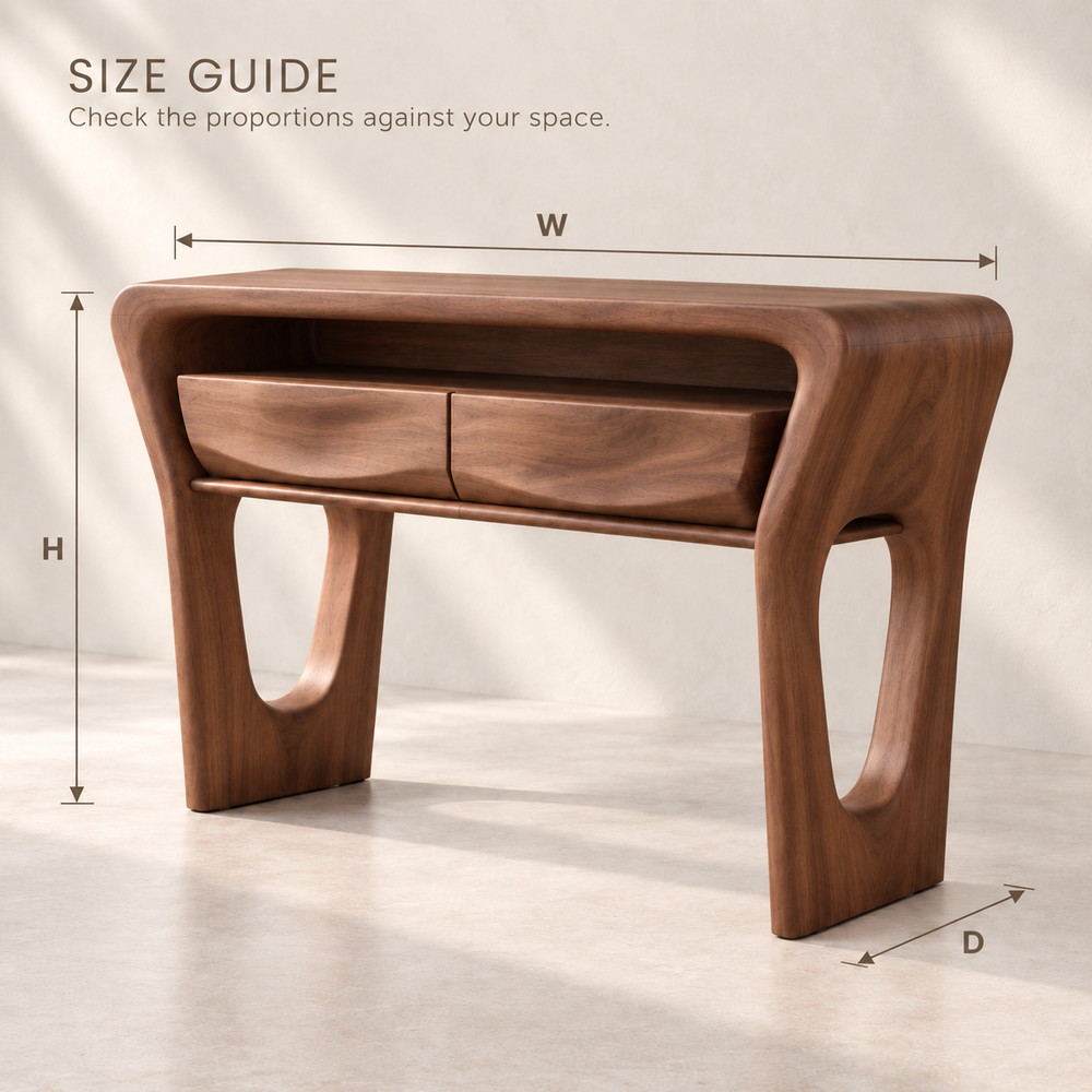 Dorian Sculptural Solid Wood Console Table - Design 674 - size guide