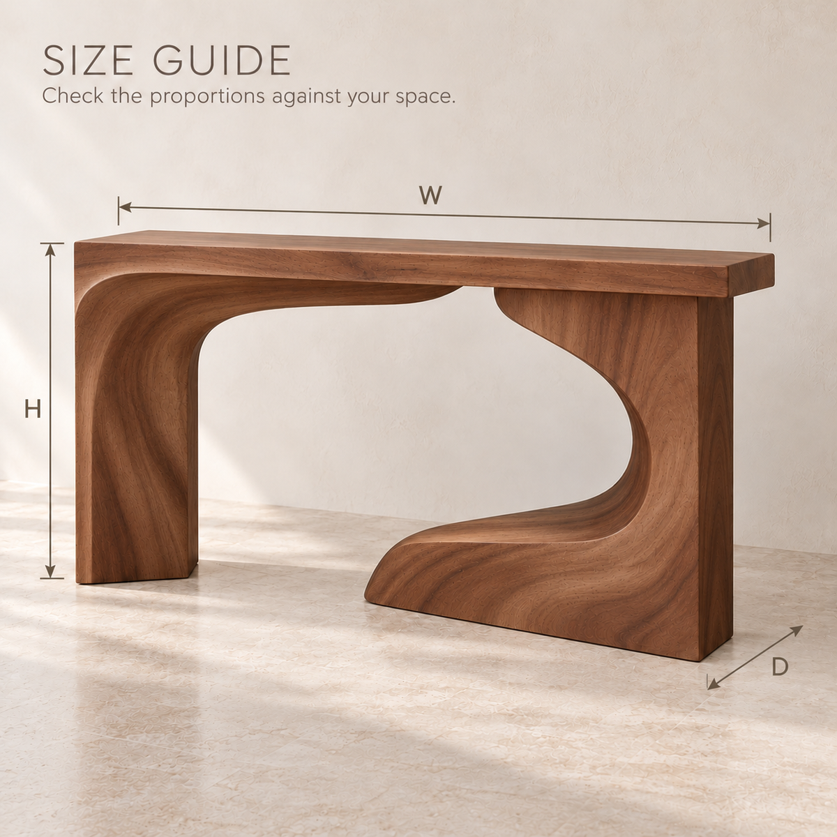 Neria Sculptural Solid Wood Console Table - Design 675 - size guide