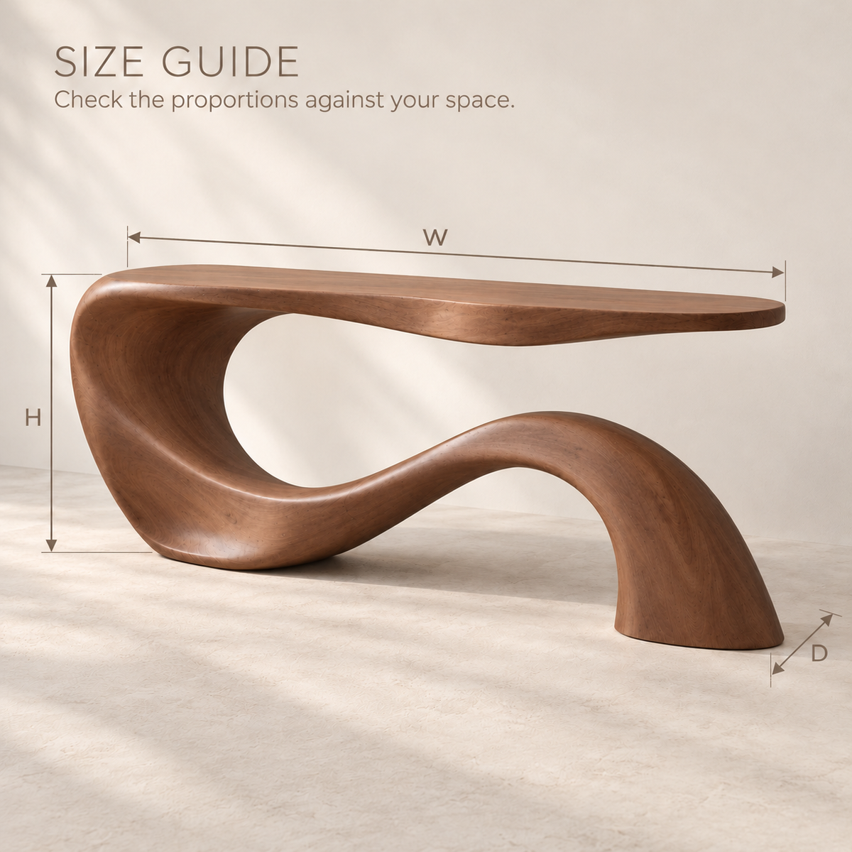 Aster Sculptural Solid Wood Console Table - Design 676 - size guide