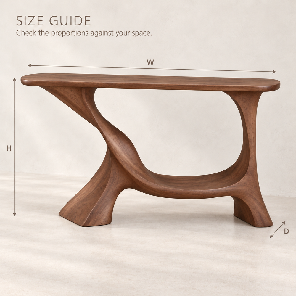 Linnea Sculptural Solid Wood Console Table - Design 677 - size guide