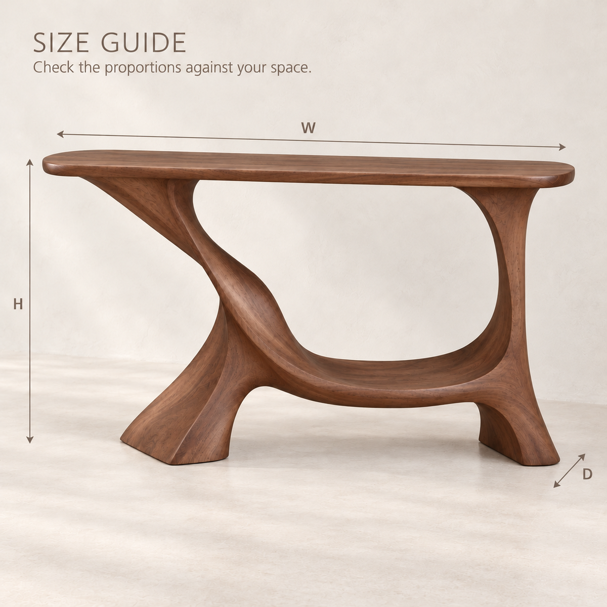 Linnea Sculptural Solid Wood Console Table - Design 677 - size guide