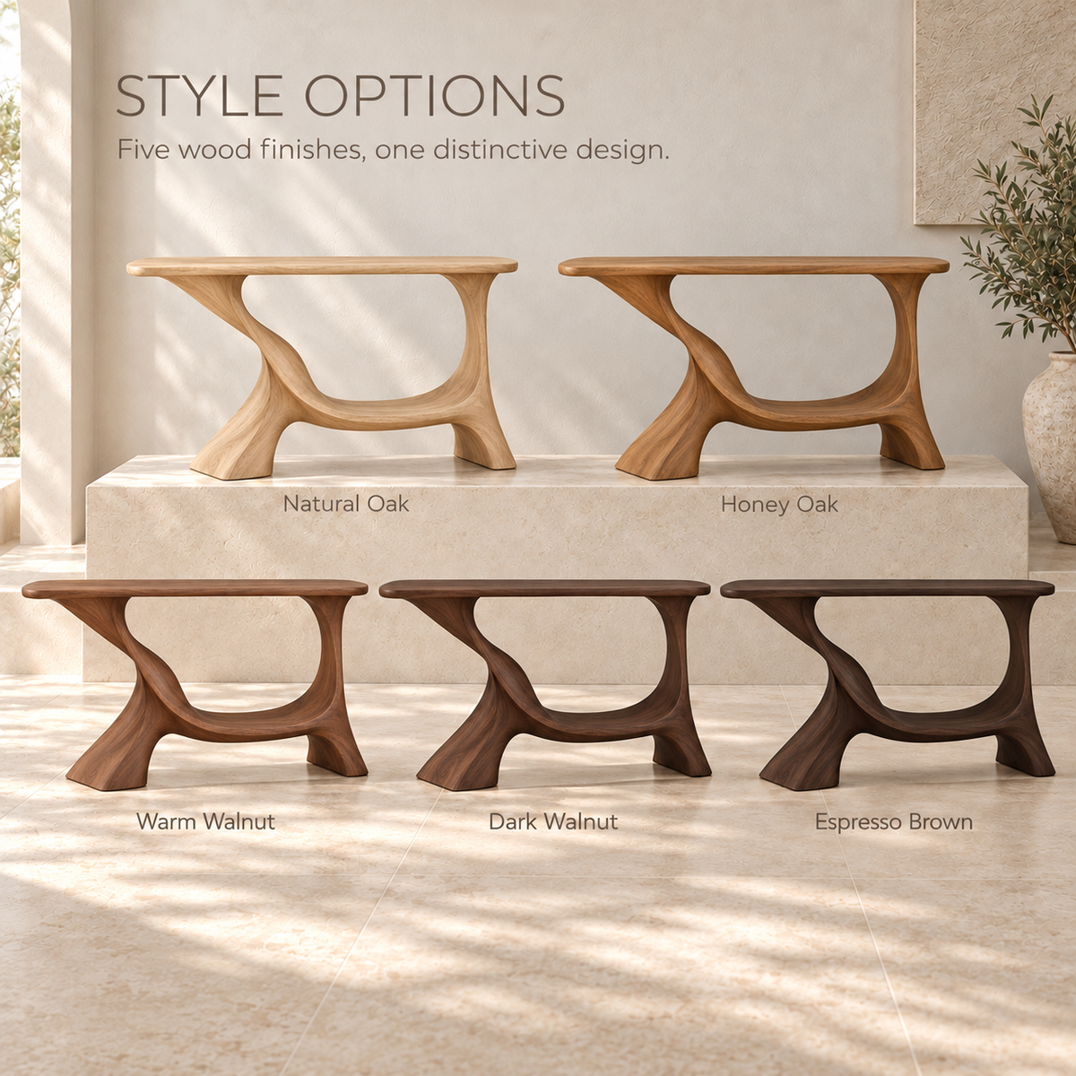 Linnea Sculptural Solid Wood Console Table - Design 677 - wood finish options