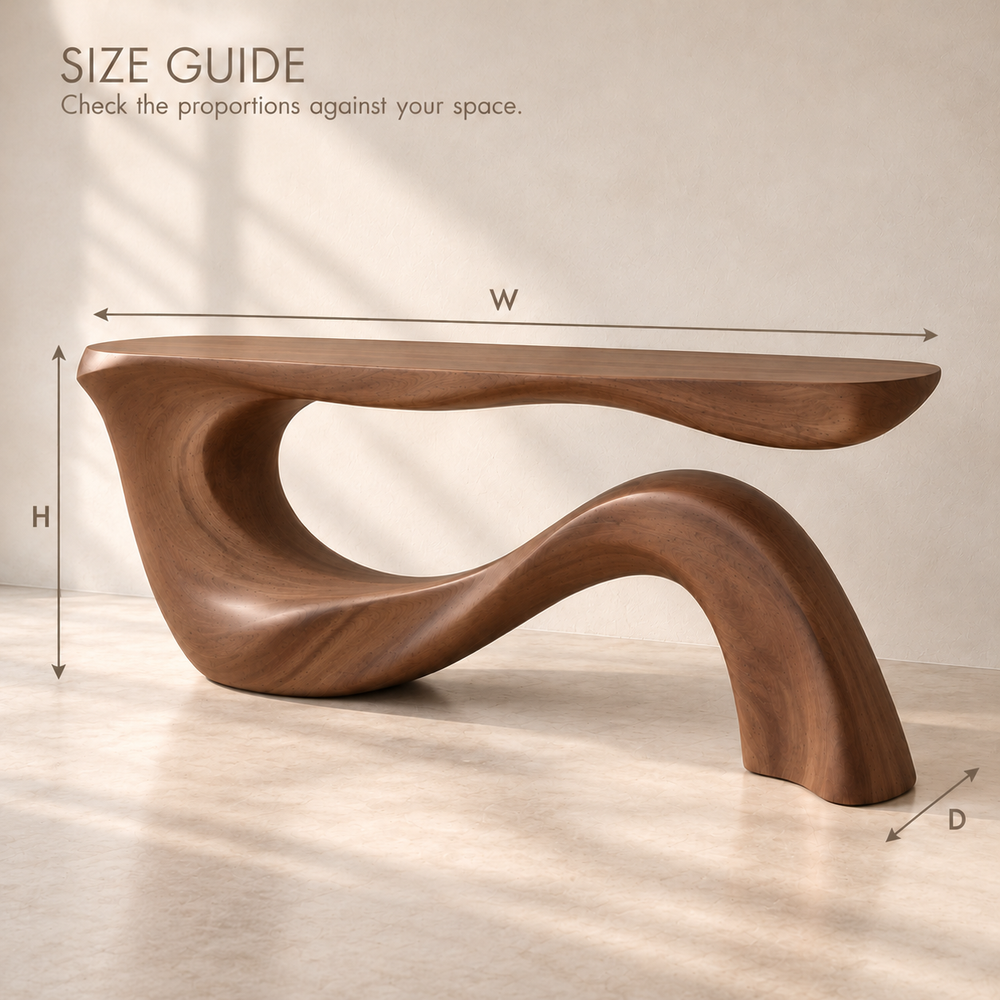 Orla Sculptural Solid Wood Console Table - Design 678 - size guide