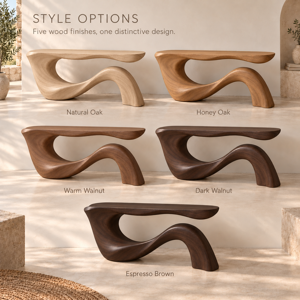 Orla Sculptural Solid Wood Console Table - Design 678 - wood finish options
