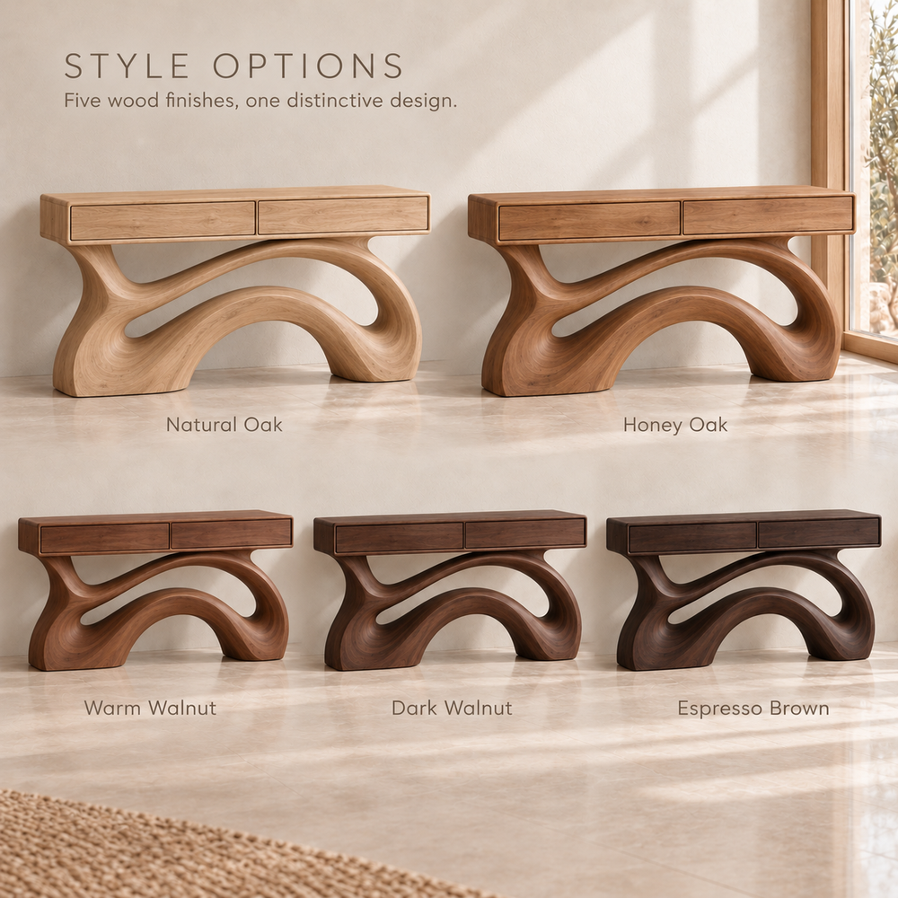 Sabine Sculptural Solid Wood Console Table - Design 679 - wood finish options