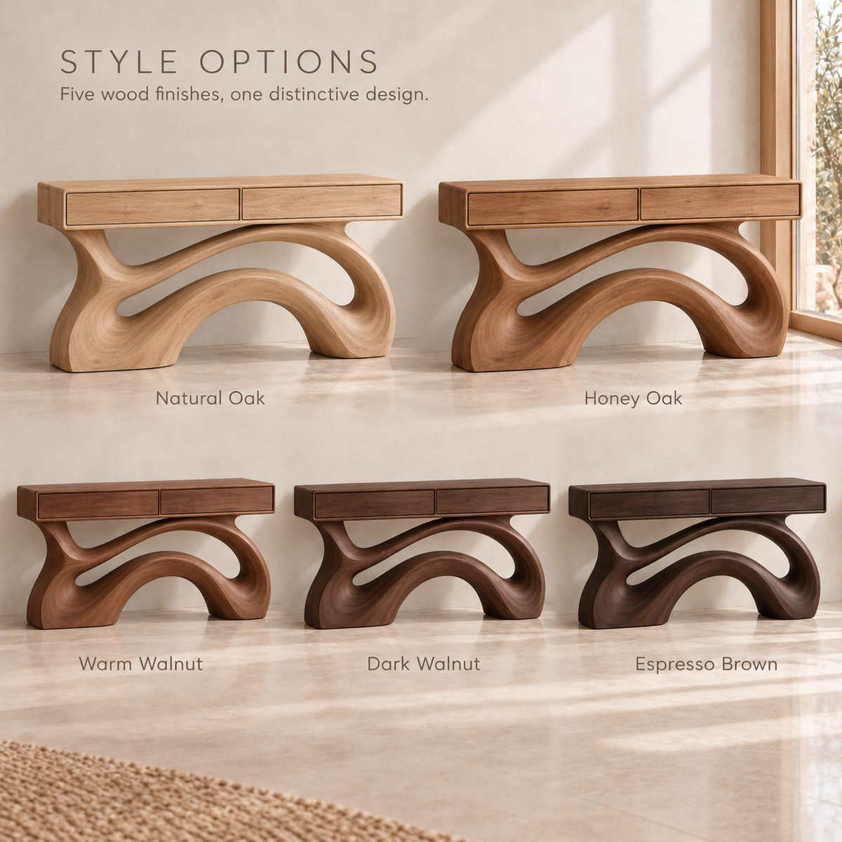 Sabine Sculptural Solid Wood Console Table - Design 679 - wood finish options