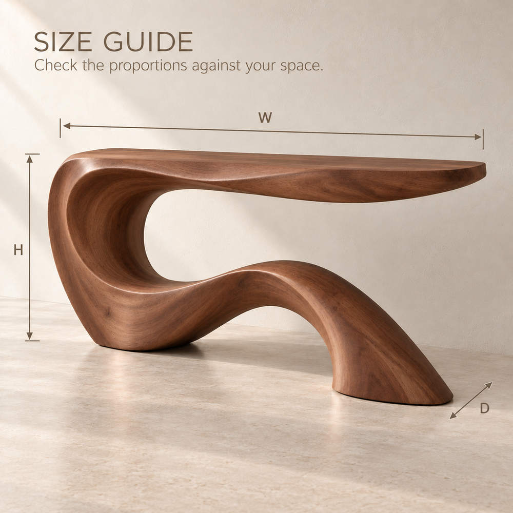 Kieran Sculptural Solid Wood Console Table - Design 680 - size guide