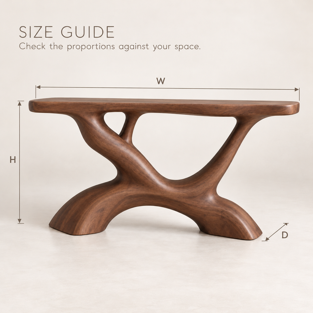 Ansel Sculptural Solid Wood Console Table - Design 681 - size guide