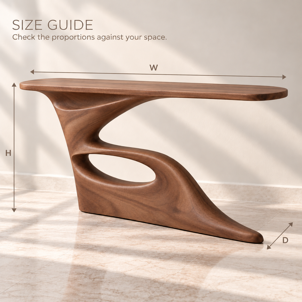Marlowe Sculptural Solid Wood Console Table - Design 682 - size guide