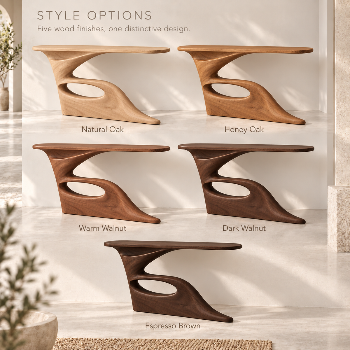 Marlowe Sculptural Solid Wood Console Table - Design 682 - wood finish options