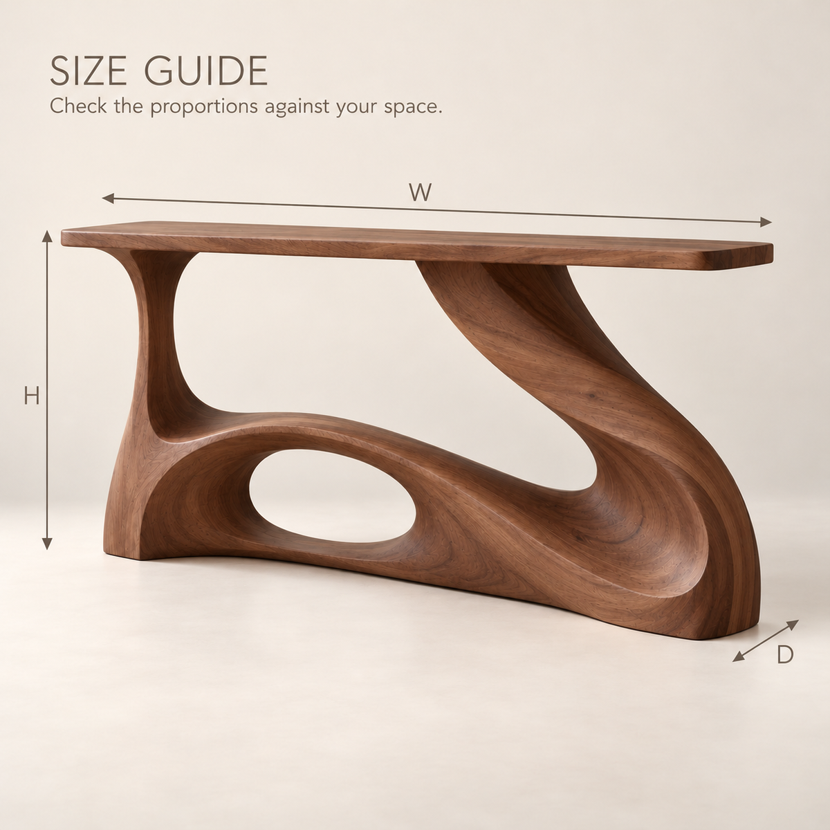 Tova Sculptural Solid Wood Console Table - Design 684 - size guide