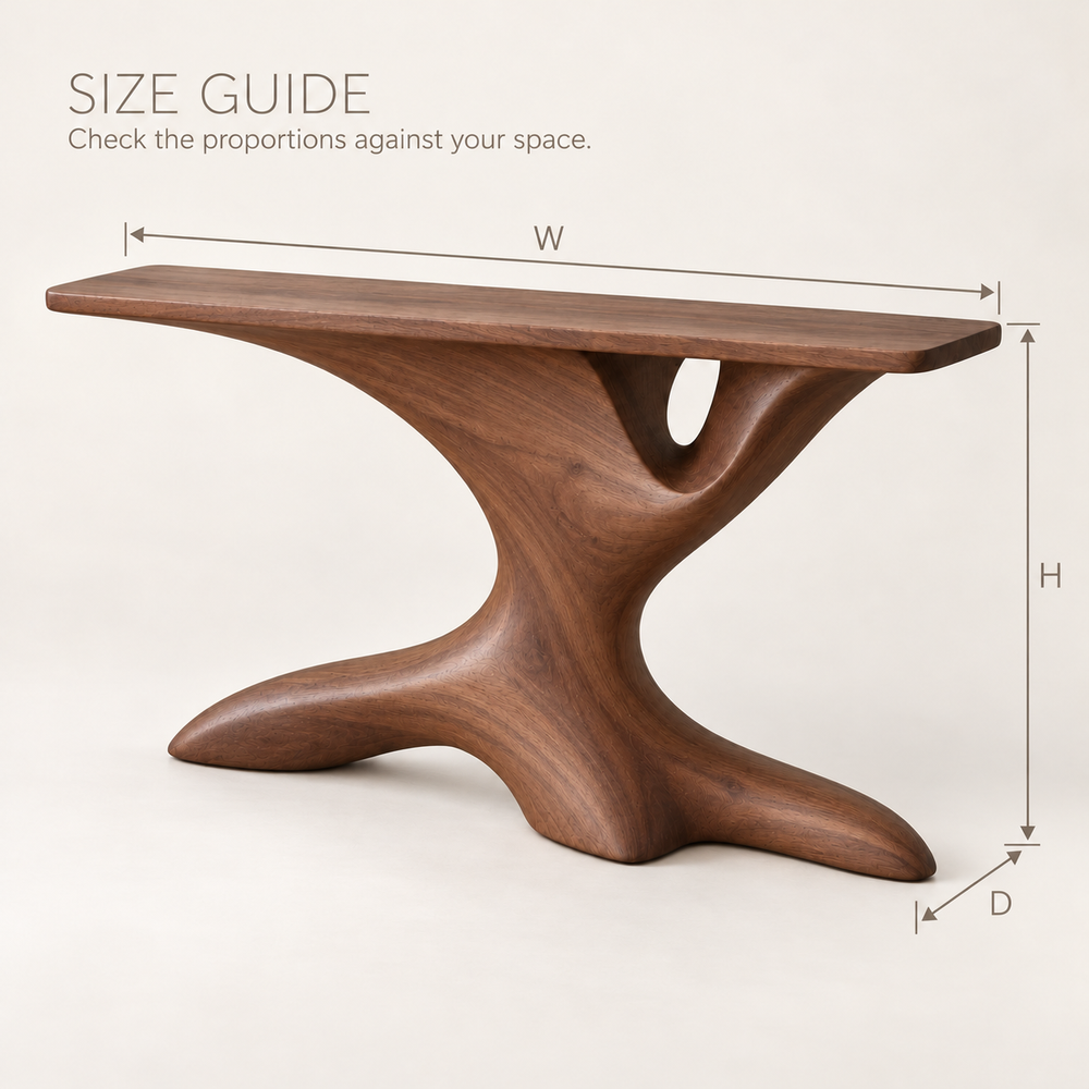 Ilyan Sculptural Solid Wood Console Table - Design 685 - size guide