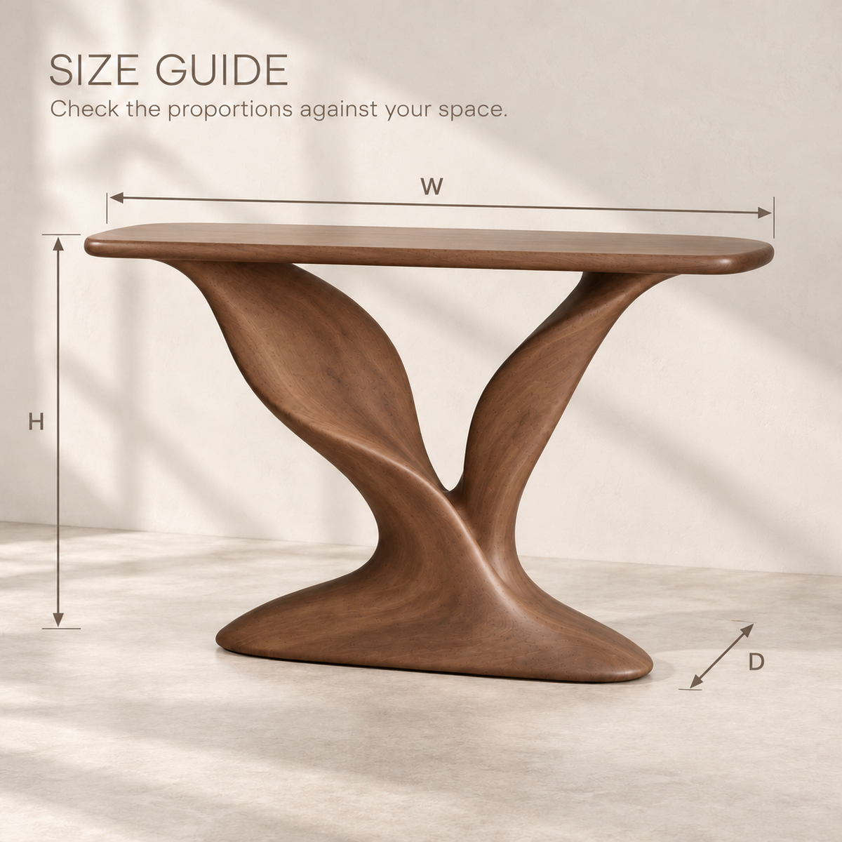 Sylvie Sculptural Solid Wood Console Table - Design 686 - size guide