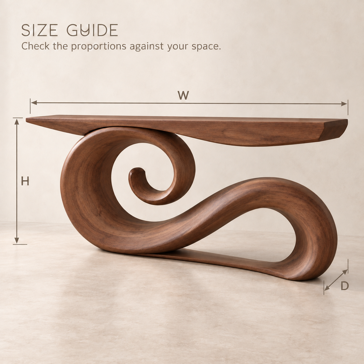 Varen Sculptural Solid Wood Console Table - Design 687 - size guide