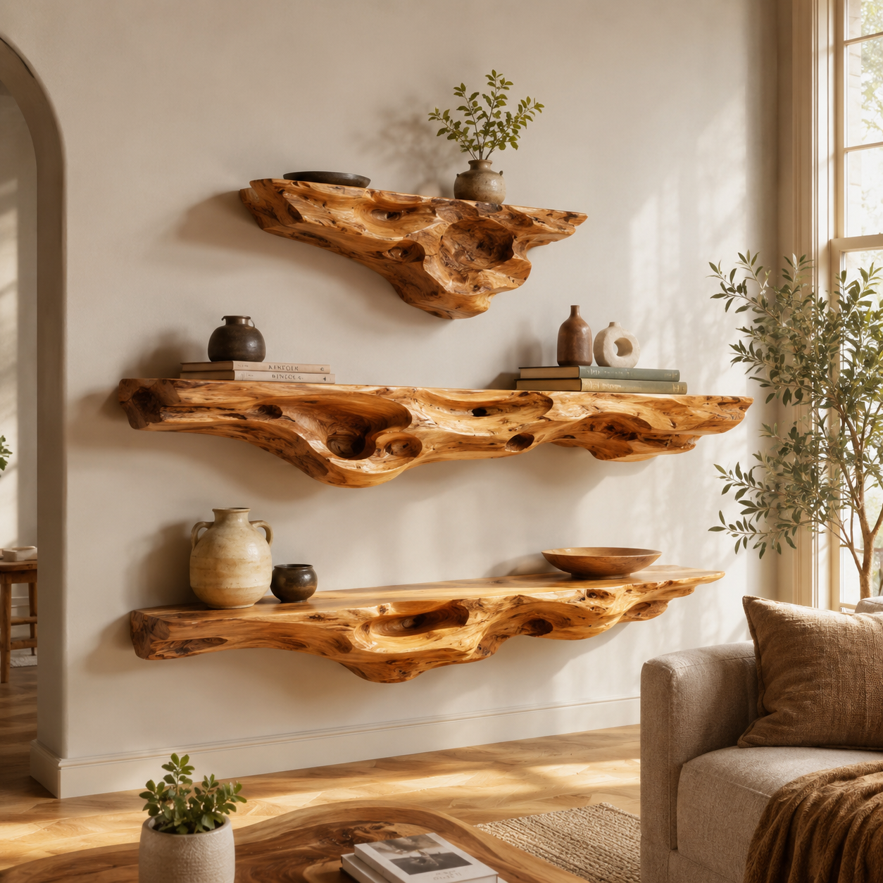 Calder Warm Wood Floating Shelf - Design 008 - main view