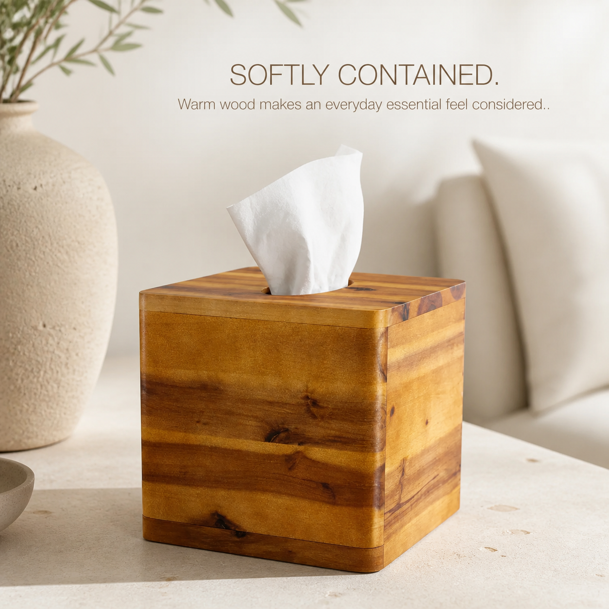 Square Natural Wood Tissue Box Cover - main view