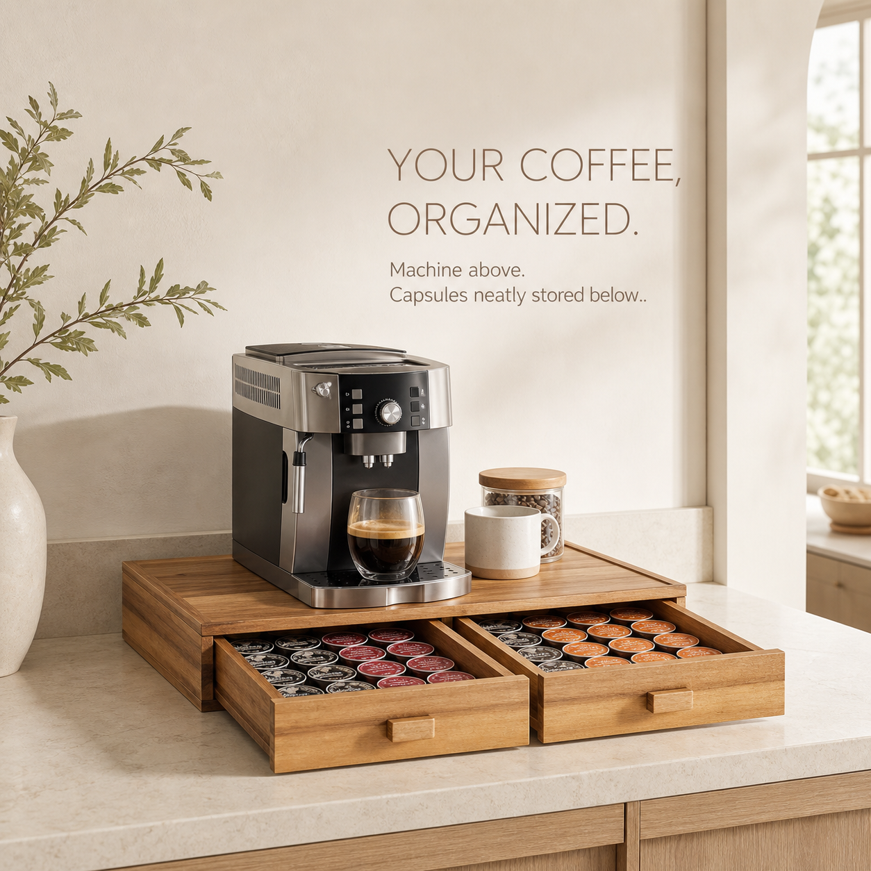 Natural Wood Coffee Pod Machine Riser with Drawers - main view