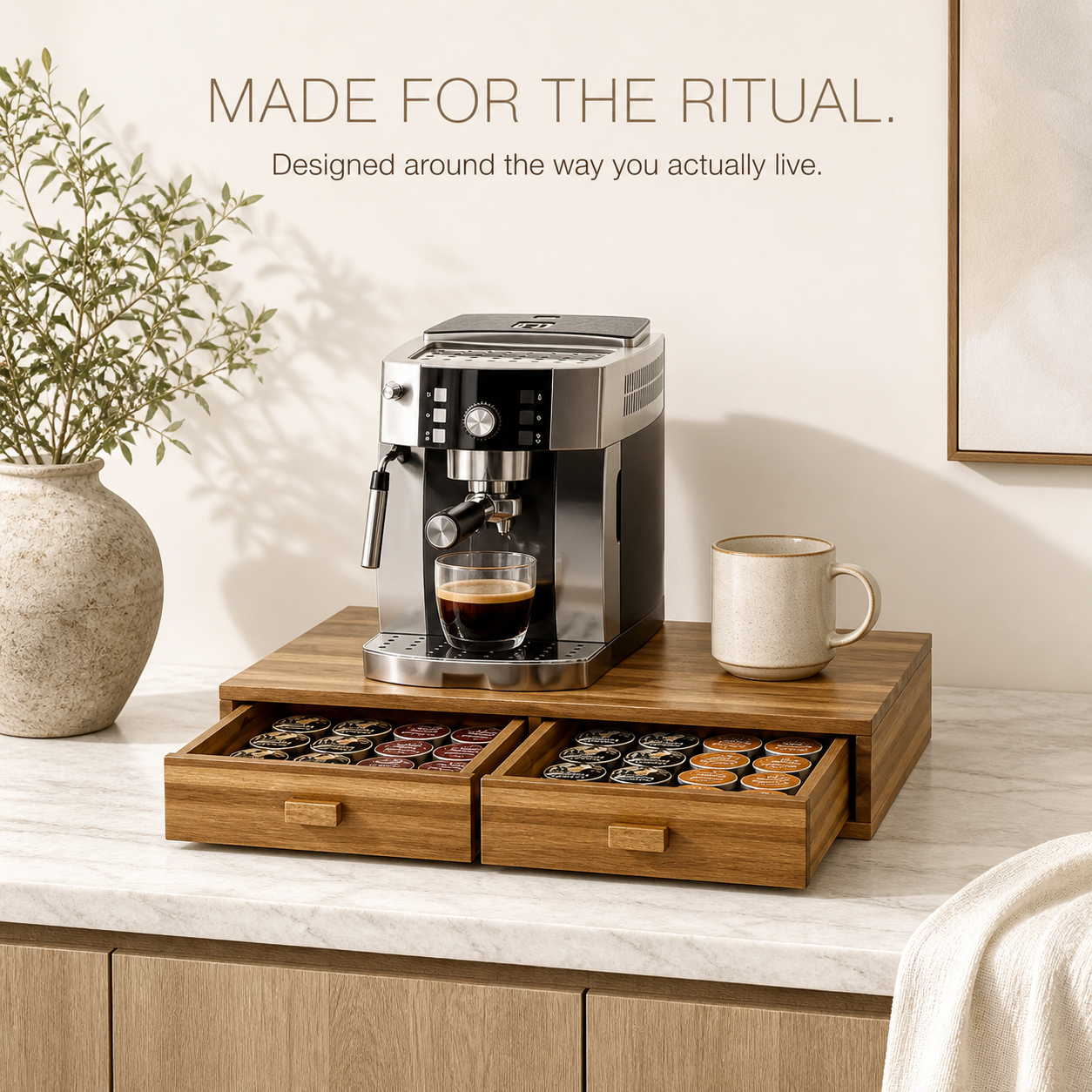 Natural Wood Coffee Pod Machine Riser with Drawers - product image 08