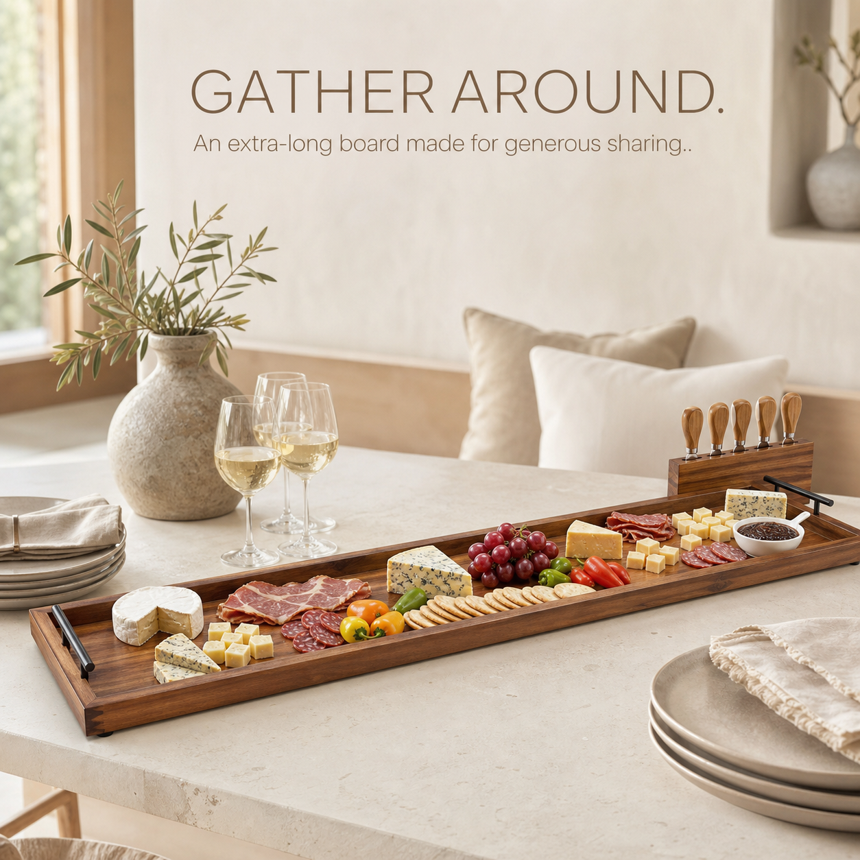 Extra-Long Natural Wood Serving Board with Knife Block - main view