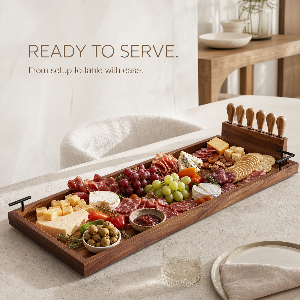 Extra-Long Natural Wood Serving Board with Knife Block - product image 03