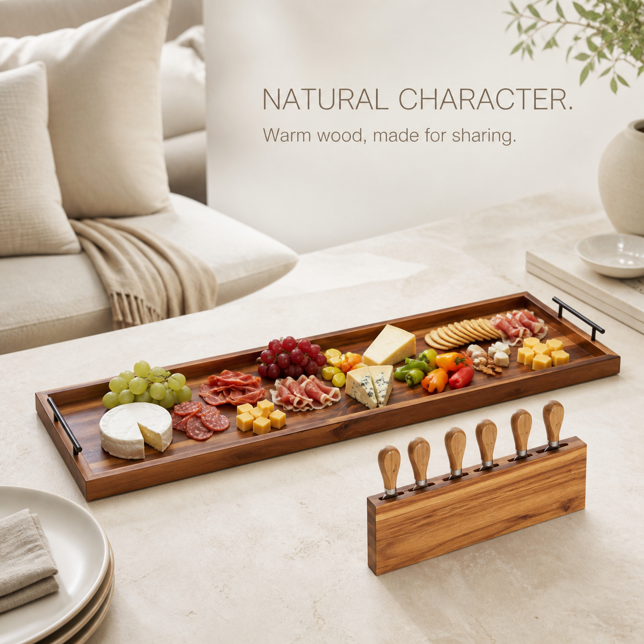 Extra-Long Natural Wood Serving Board with Knife Block - product image 06