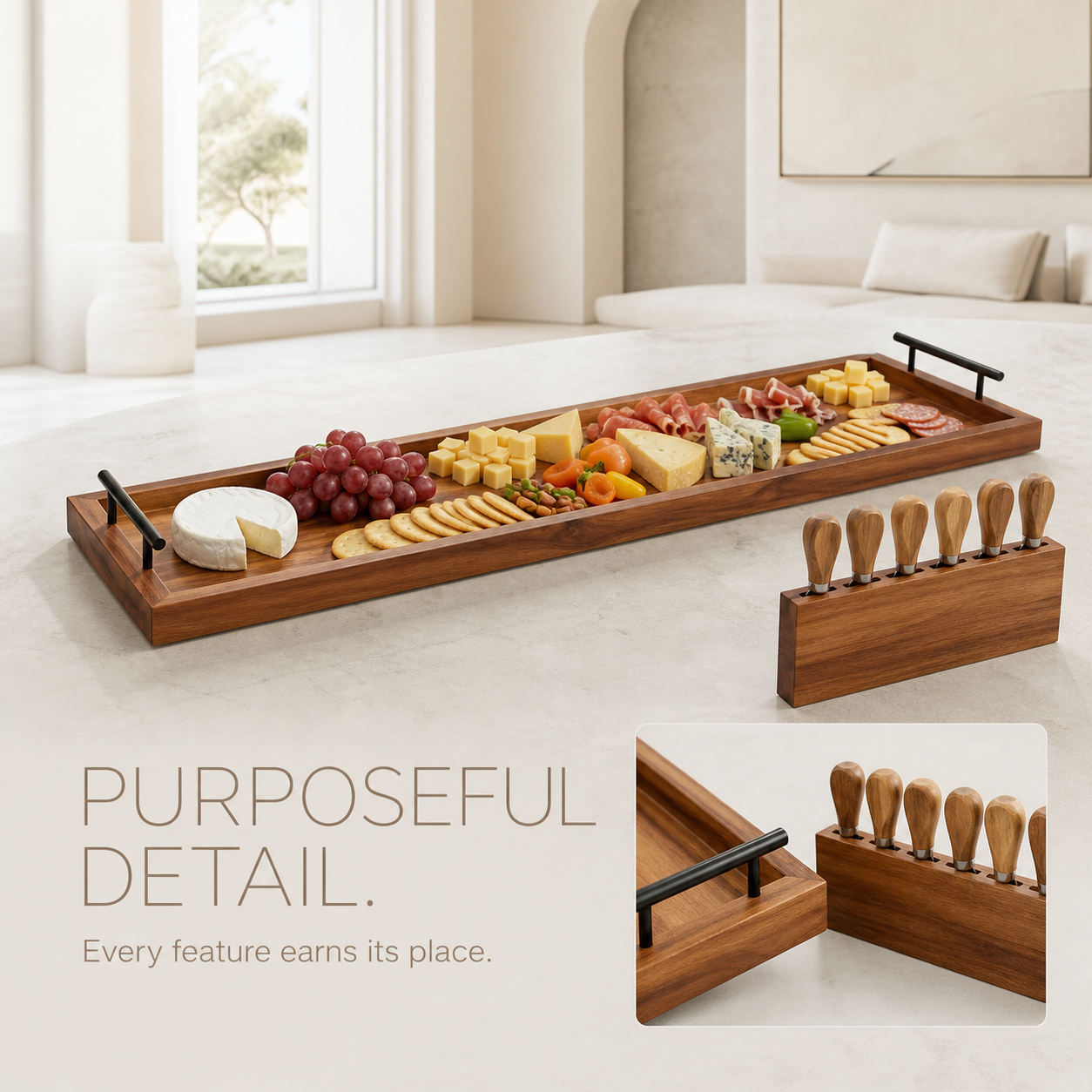 Extra-Long Natural Wood Serving Board with Knife Block - product image 07