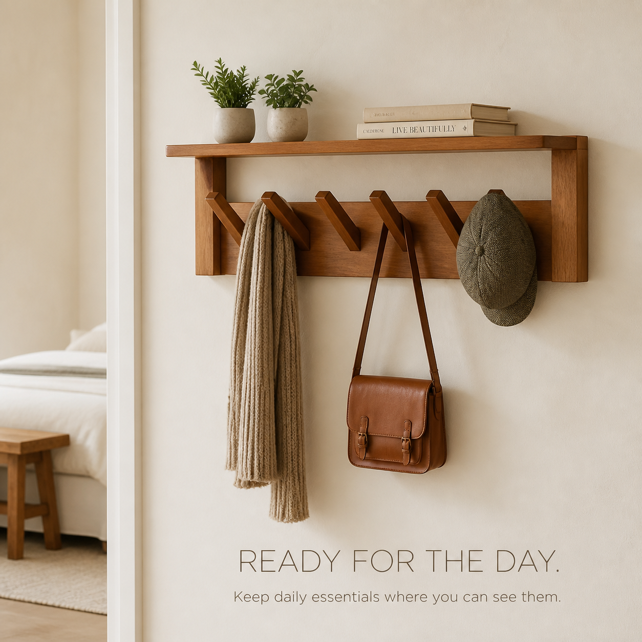 Entryway Wall Shelf with Piano-Key Hooks - product image 03