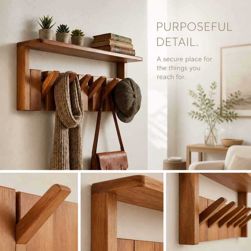 Entryway Wall Shelf with Piano-Key Hooks - product image 07