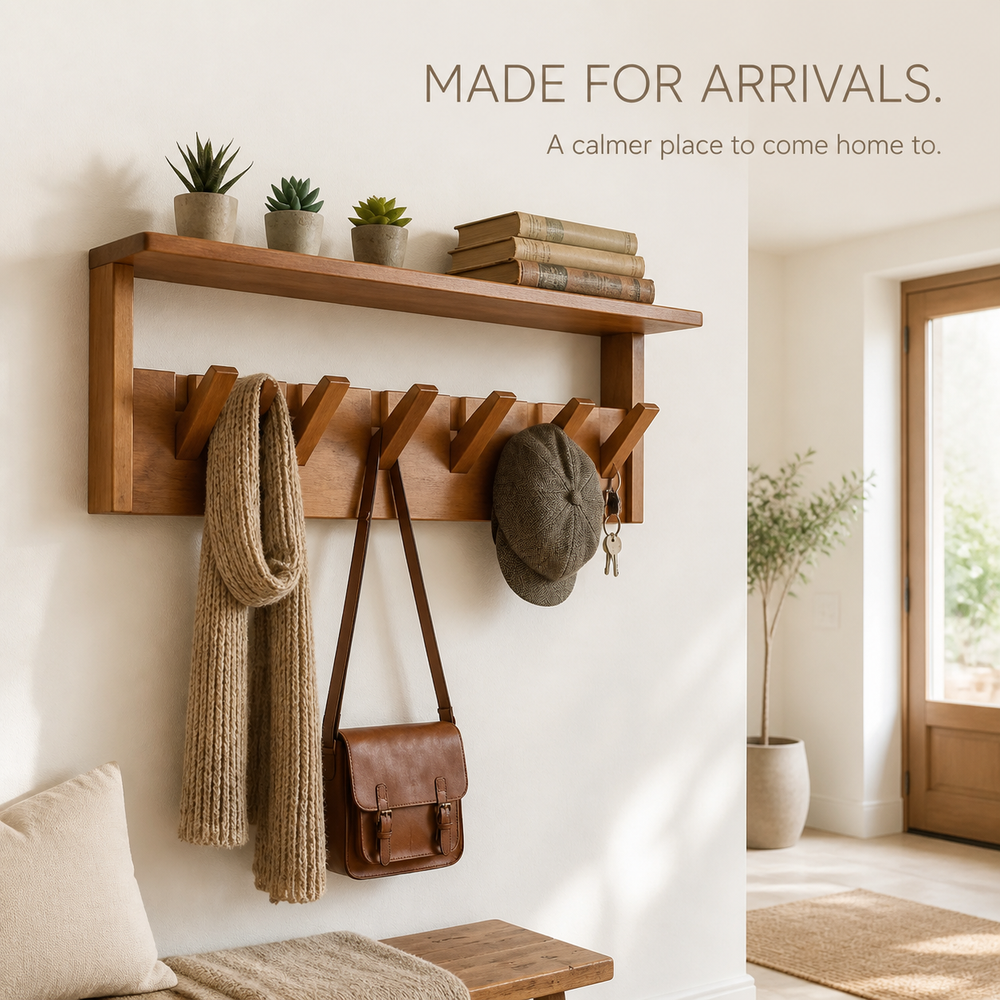Entryway Wall Shelf with Piano-Key Hooks - product image 08