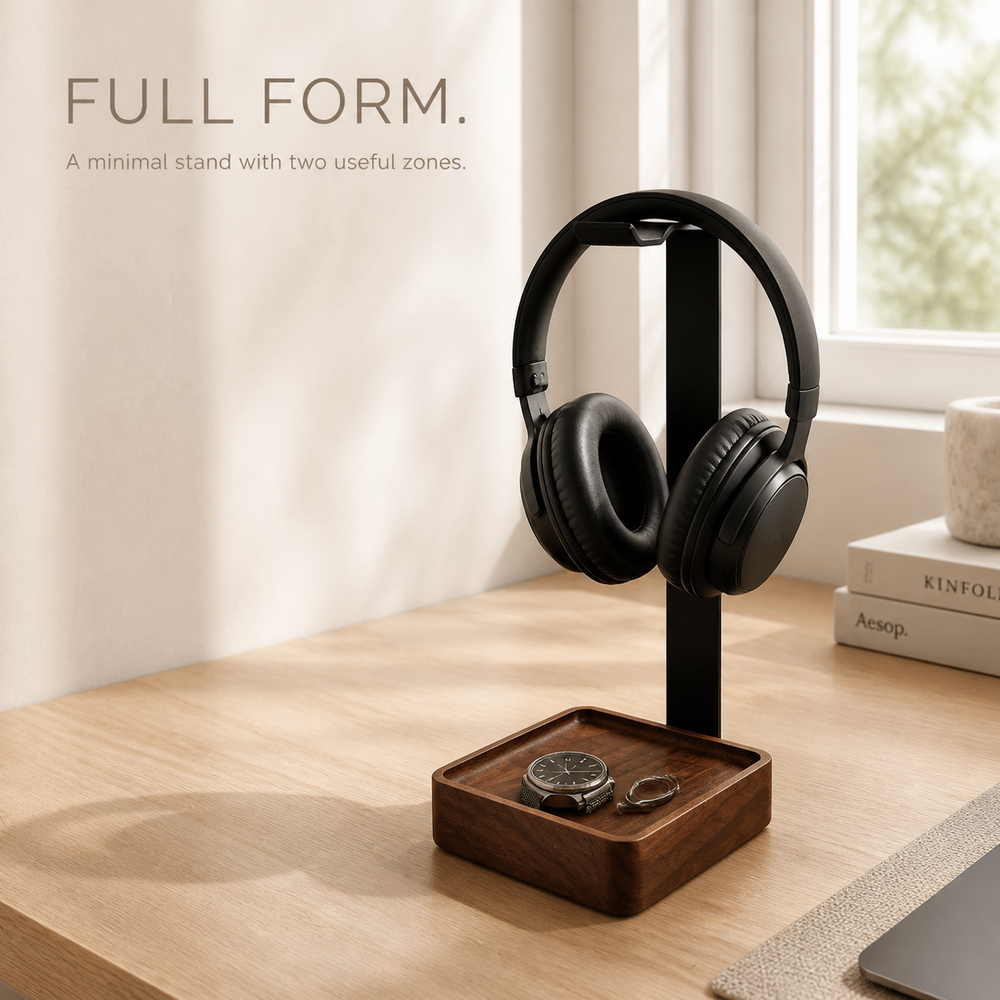 Walnut and Steel Headphone Stand with Valet Tray - product image 02