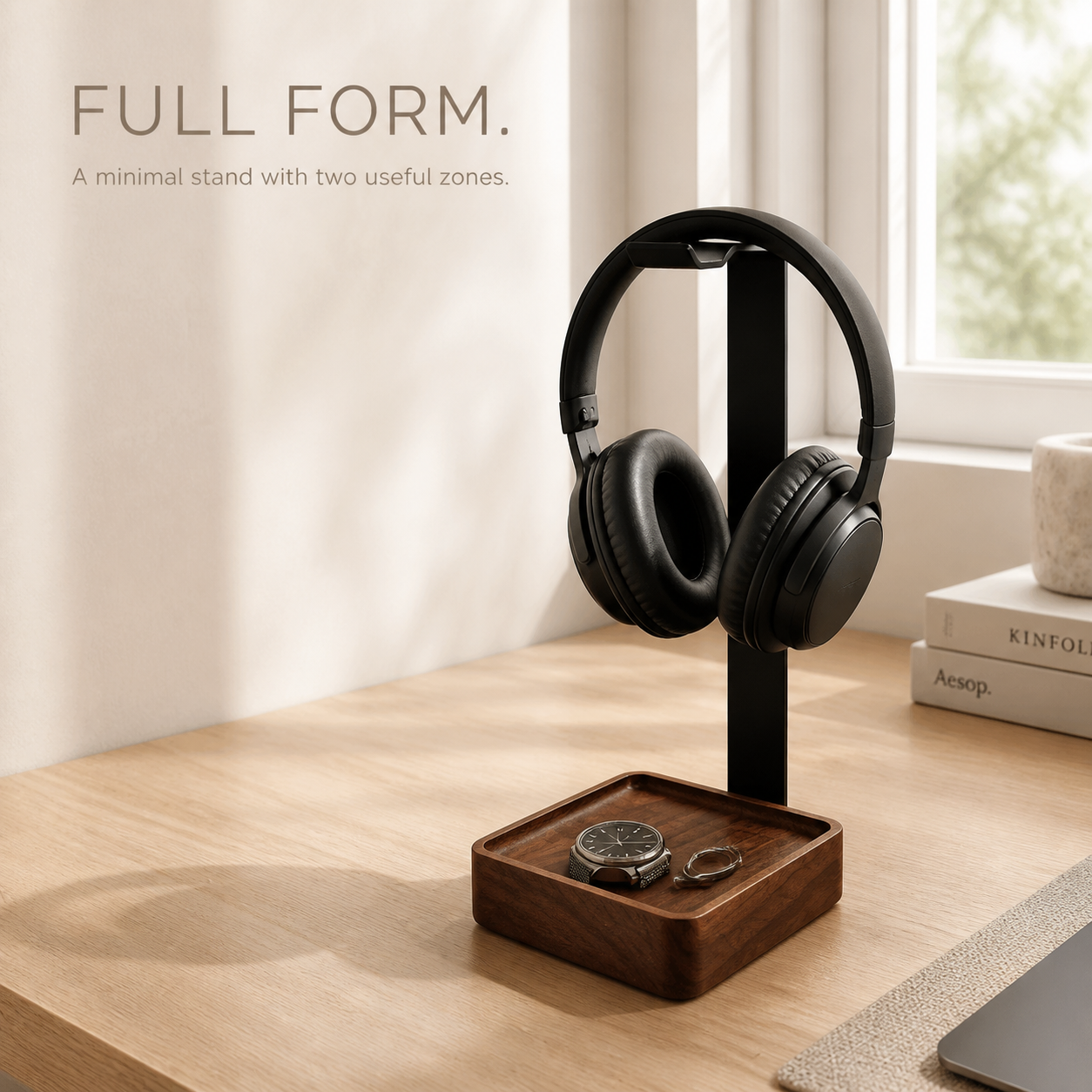 Walnut and Steel Headphone Stand with Valet Tray - product image 02