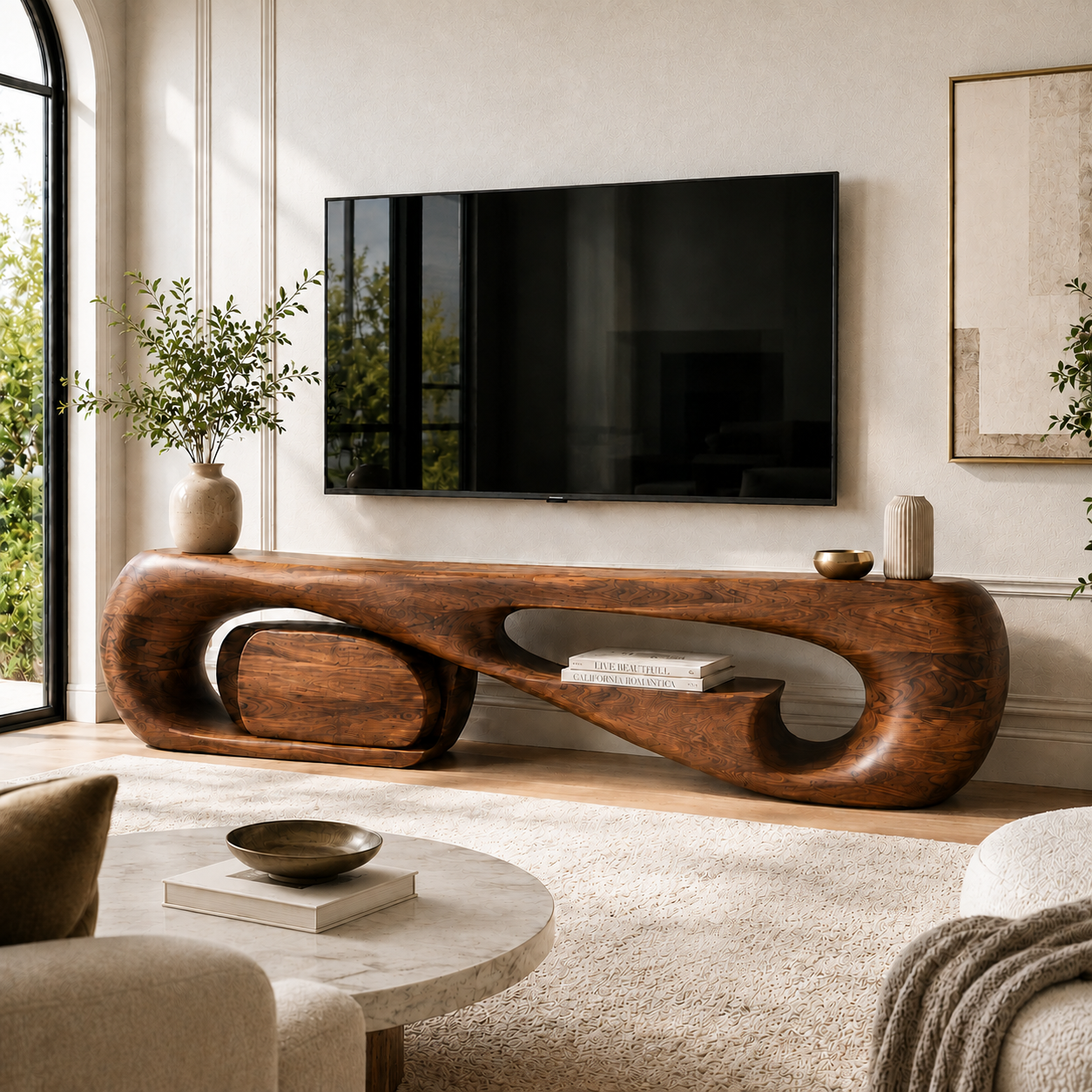 Aurelle Sculptural Solid Wood TV Stand - Design 001 - premium solid wood TV stand main lifestyle view