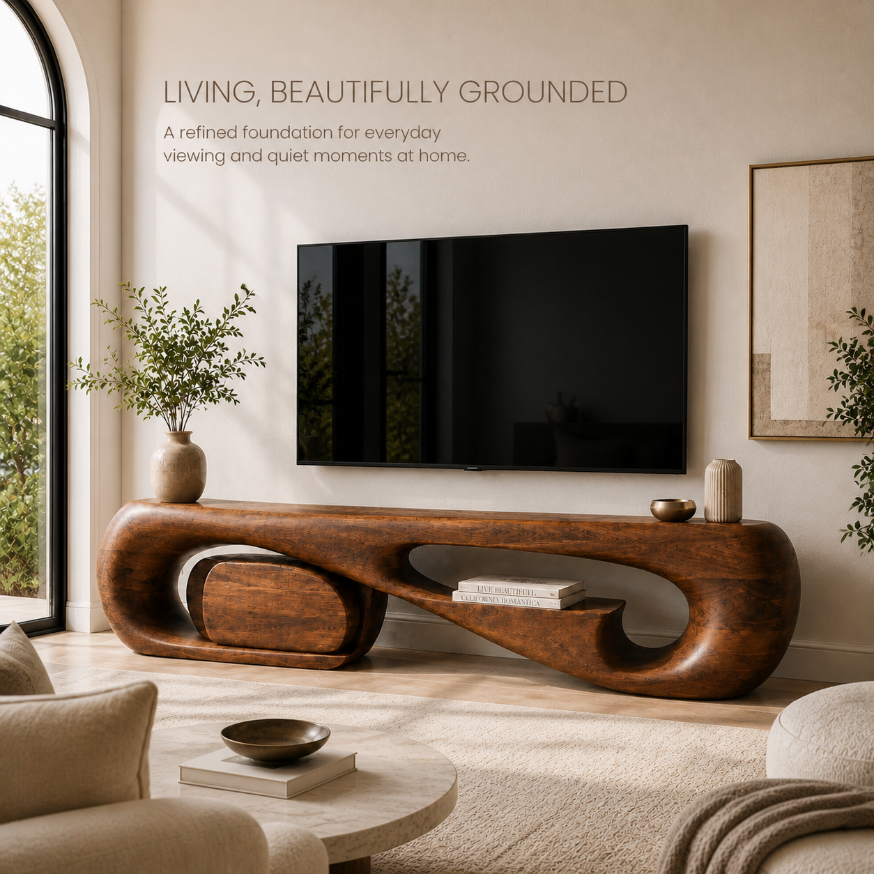 Aurelle Sculptural Solid Wood TV Stand - Design 001 - TV stand detail and styling view 01