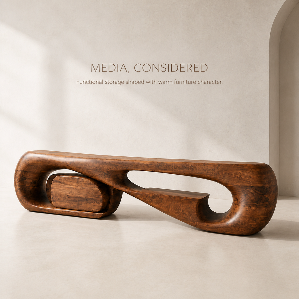 Aurelle Sculptural Solid Wood TV Stand - Design 001 - TV stand detail and styling view 02