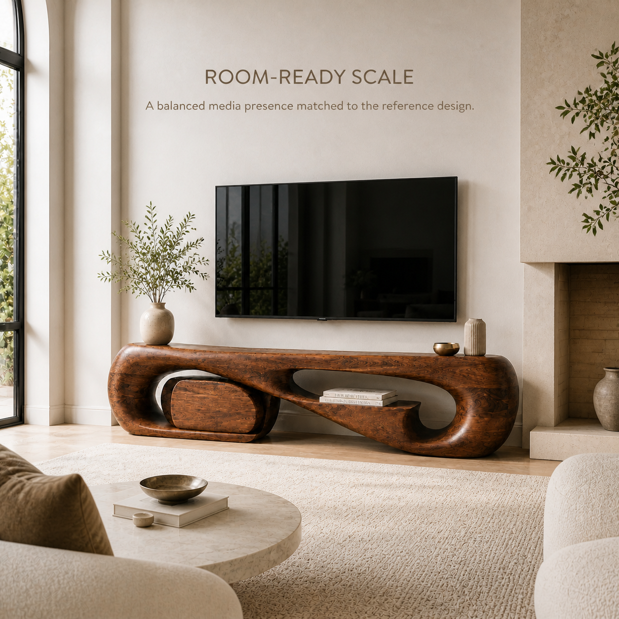 Aurelle Sculptural Solid Wood TV Stand - Design 001 - TV stand detail and styling view 03