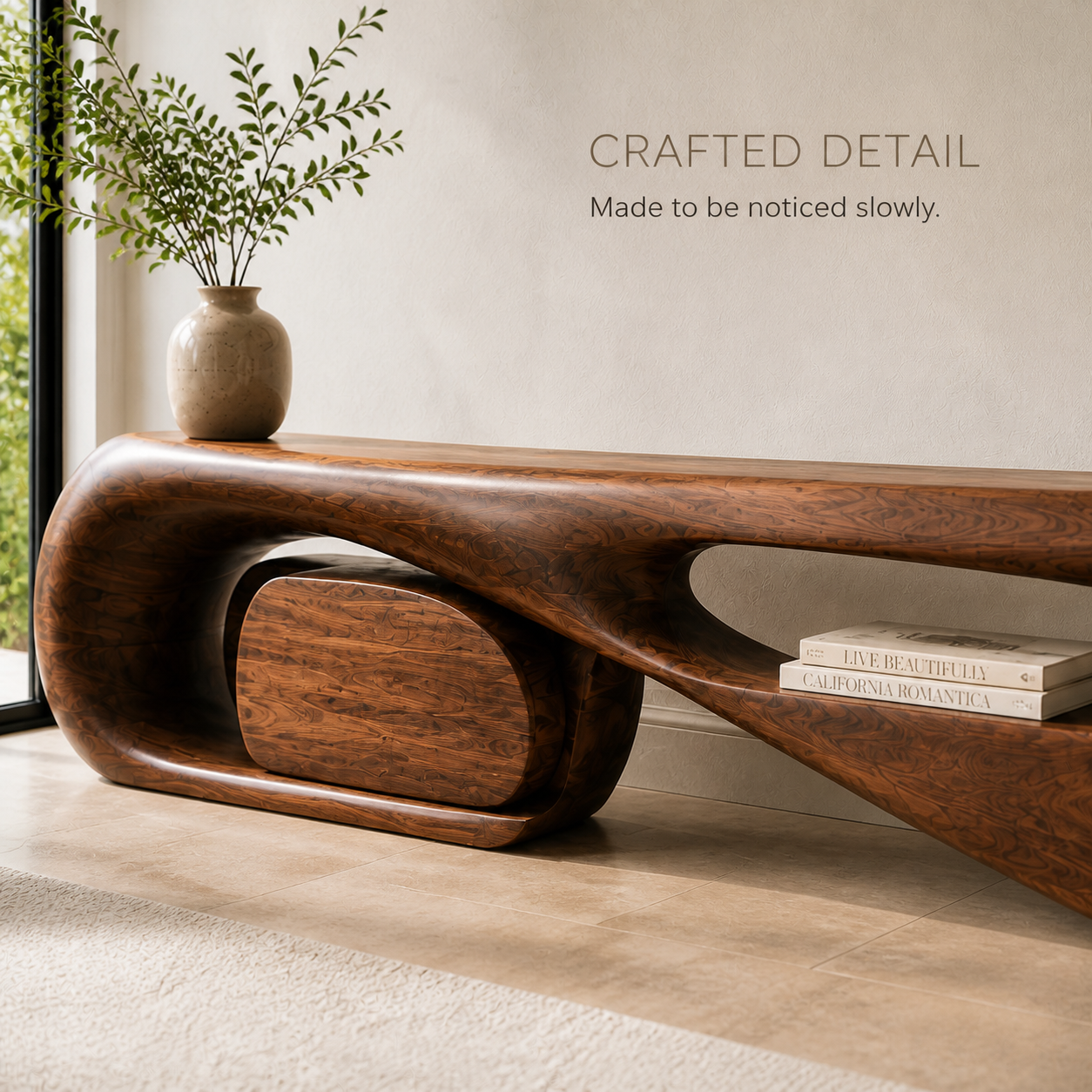 Aurelle Sculptural Solid Wood TV Stand - Design 001 - TV stand detail and styling view 05