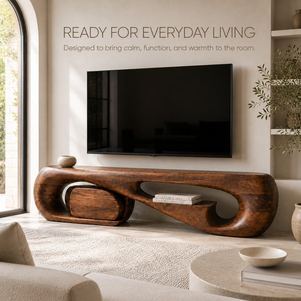 Aurelle Sculptural Solid Wood TV Stand - Design 001 - TV stand detail and styling view 06