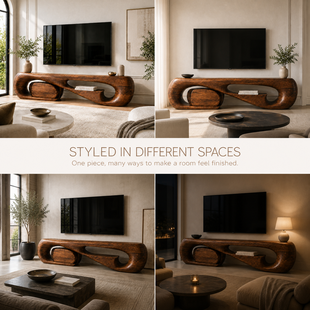 Aurelle Sculptural Solid Wood TV Stand - Design 001 - TV stand detail and styling view 09