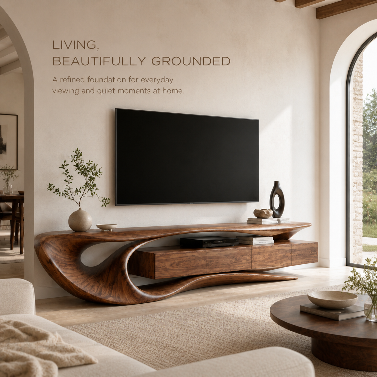 Arden Sculptural Solid Wood TV Stand - Design 002 - TV stand detail and styling view 01