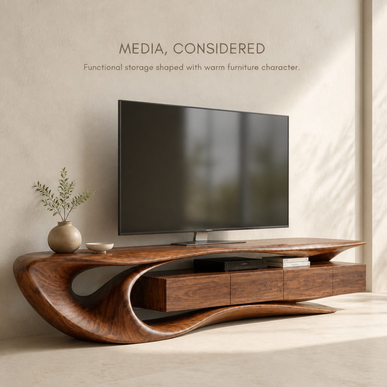 Arden Sculptural Solid Wood TV Stand - Design 002 - TV stand detail and styling view 02