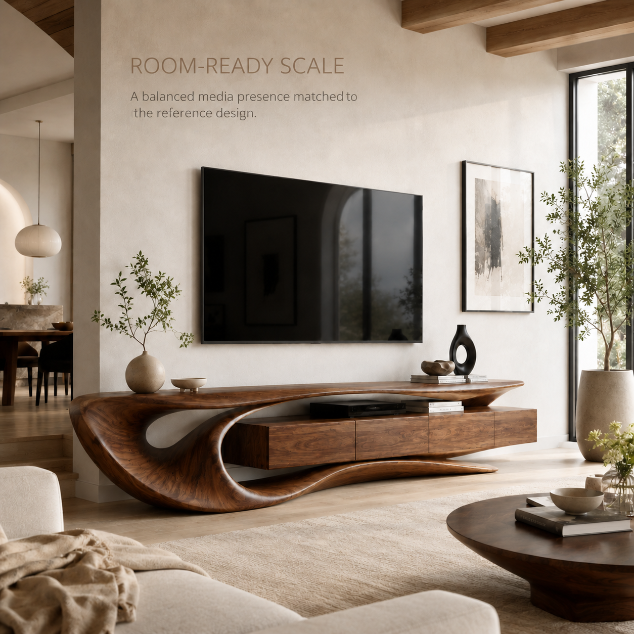 Arden Sculptural Solid Wood TV Stand - Design 002 - TV stand detail and styling view 03