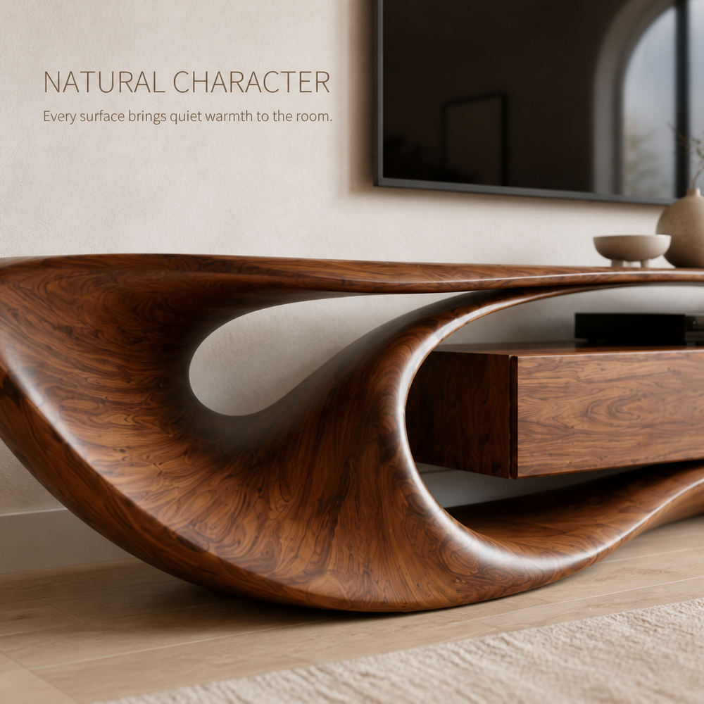 Arden Sculptural Solid Wood TV Stand - Design 002 - TV stand detail and styling view 04