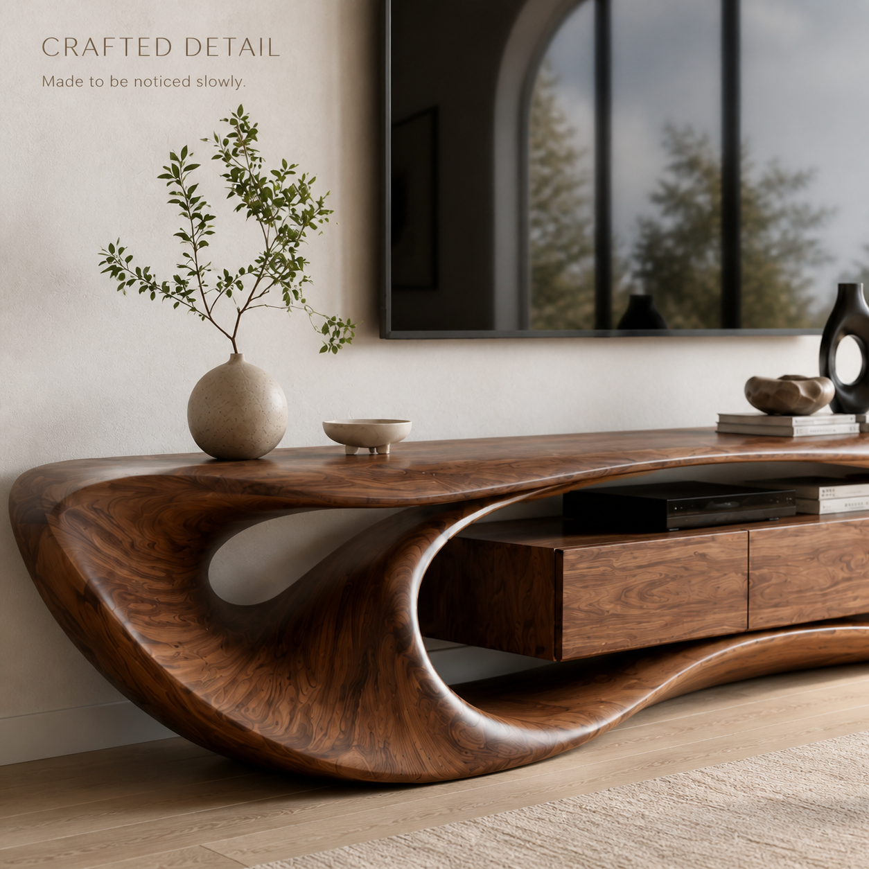Arden Sculptural Solid Wood TV Stand - Design 002 - TV stand detail and styling view 05