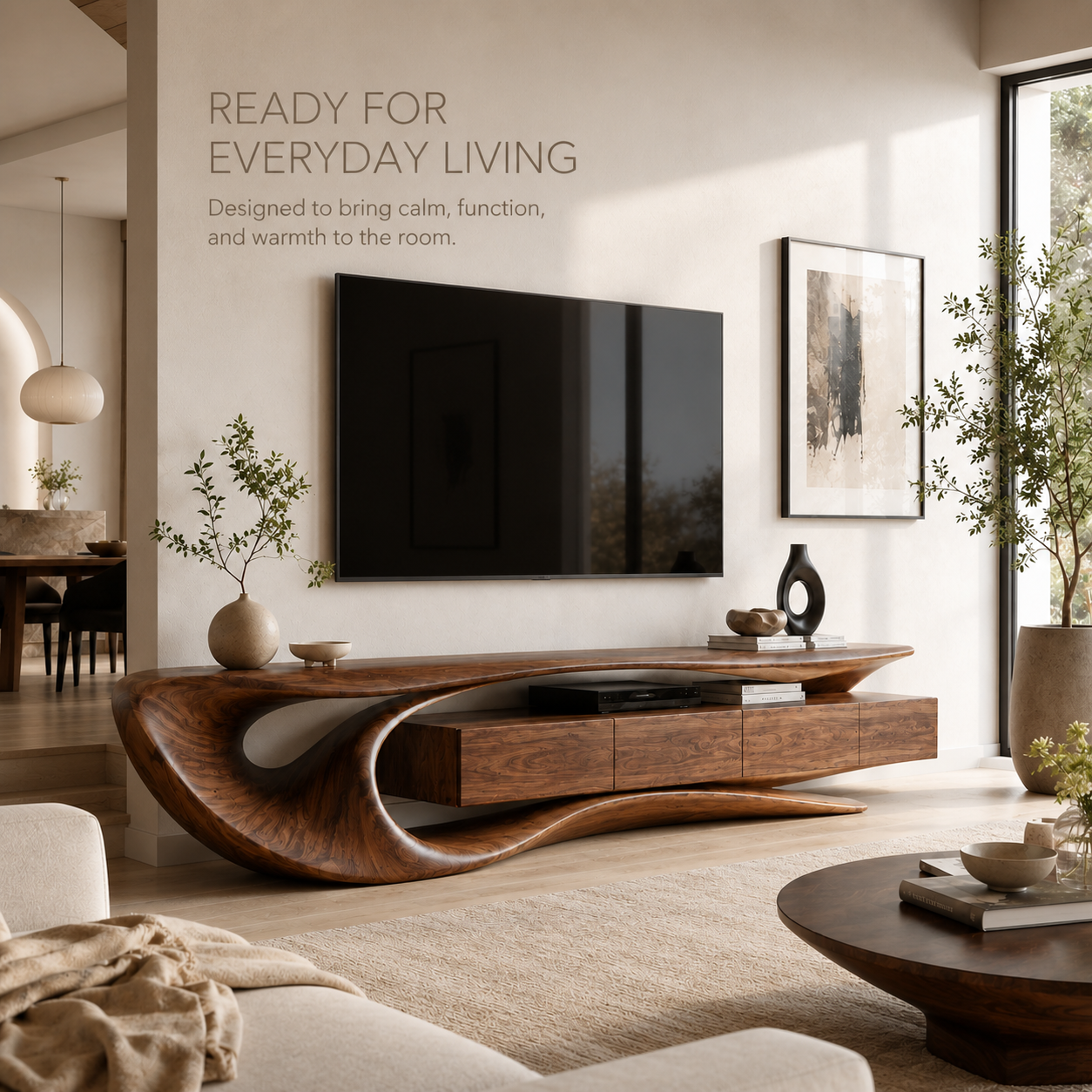 Arden Sculptural Solid Wood TV Stand - Design 002 - TV stand detail and styling view 06